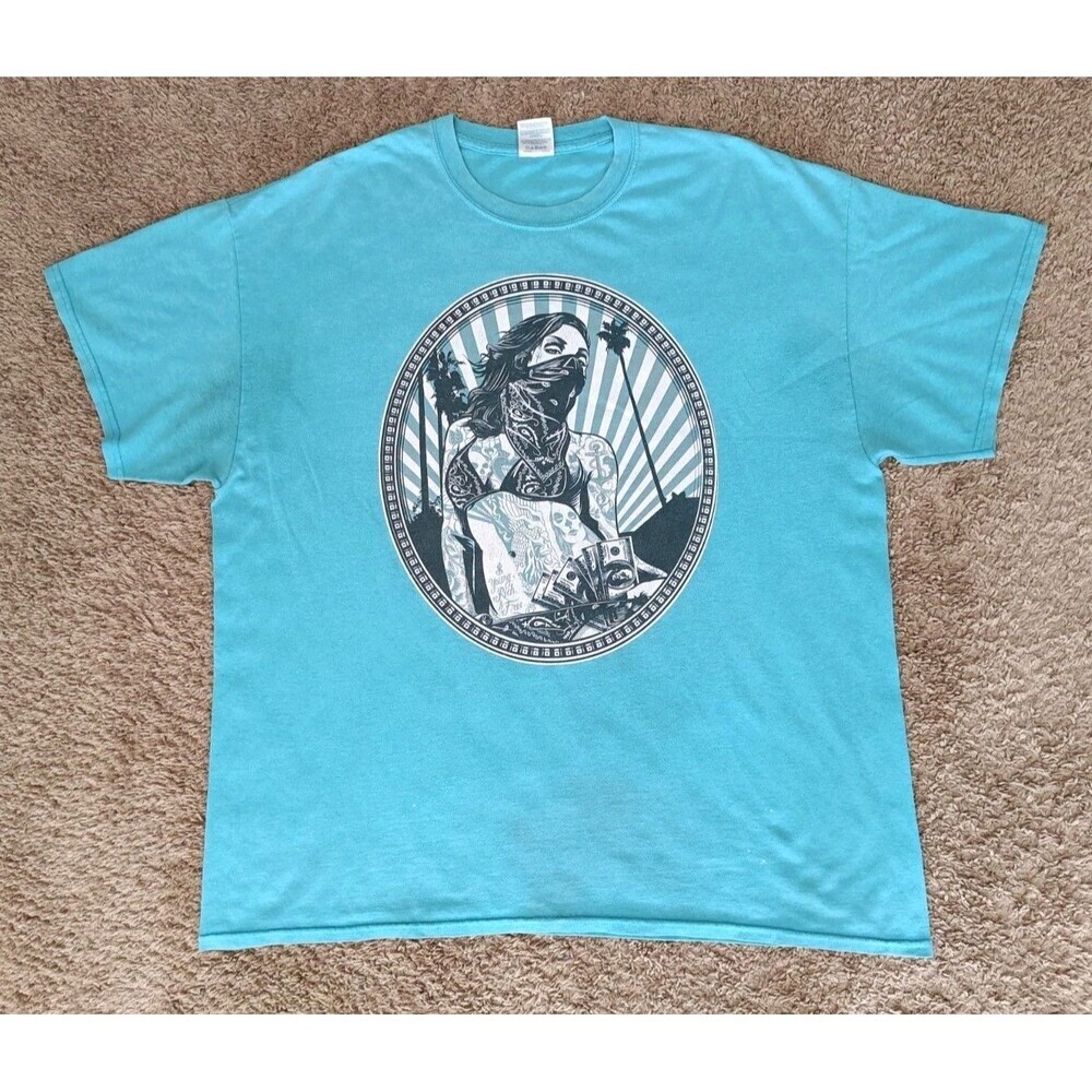 Biker Tattoo Girl T-Shirt Men's XL Blue Short Sleeve